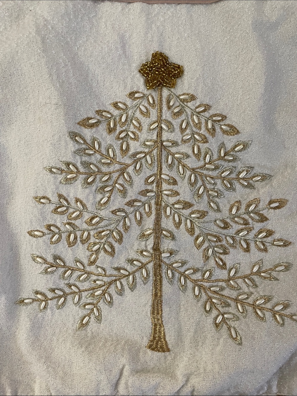 Embroidered Gold Tree Table Runner - White and Gold holiday Christmas 64x13